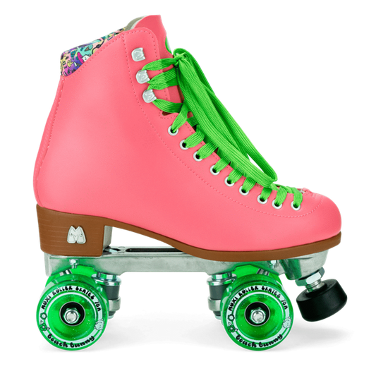 Come to Fresa's Roller Skate shop in Las Vegas and get your Moxi skates Beach Bunny. These Watermelon/pink Moxi Skate Beach Bunny are ready for outdoor skating. Cruise around Las Vegas Art District or come and skate in our indoor skate ramp. Fresa's Roller Skate Shop the one skate shop in Las Vegas. We build custome shoe roller skate, roller Skate Classes and Roller Blade classes.