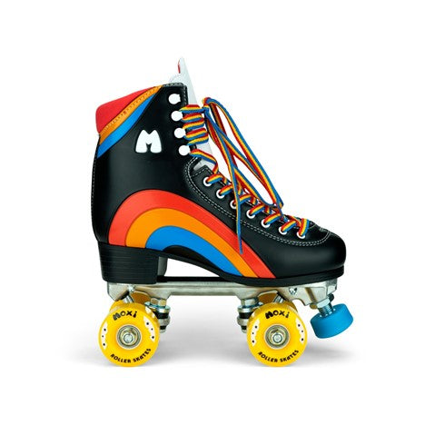 Come to Fresa's Roller Skate shop in Las Vegas and get your Moxi skates Rainbow Raider Black.   These Black Moxi Skate Rainbow Raider are ready for outdoor skating.  Cruise around Las Vegas Art District or come and skate in our indoor skate ramp. Fresa's Roller Skate Shop the one skate shop in Las Vegas.  We build custome shoe roller skate, roller Skate Classes and Roller Blade classes.