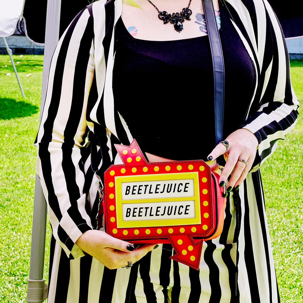 Loungefly Beetlejuice, Beetlejuice, Beetlejuice Graveyard Sign Crossbody Bag. 